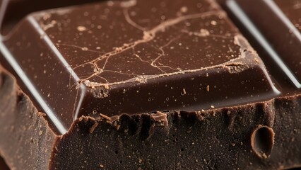 Intricate Cracks on a Glossy Dark Chocolate Square Above a Rough Broken Edge.
