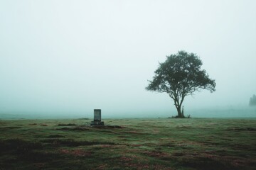Misty Landscape with Tree and Tombstone