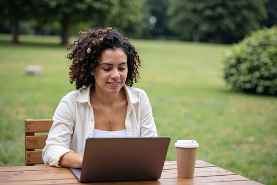 Aerial shot of a woman working on her laptop outdoors in a park with a disposable cup of coffee next to her.