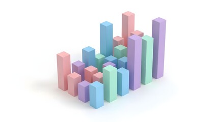 PastelColored 3D Bar Graph on White Background Data Visualization Concept.