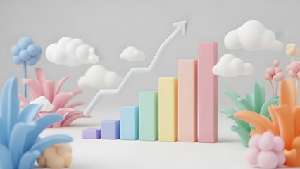 Pastel 3D Growth Chart with Whimsical Clouds and Floral Elements Business Success.
