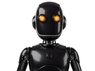 Black droid robot isolated PNG on transparent background, futuristic android with glowing orange eyes for science fiction concepts