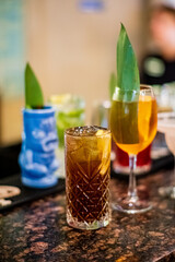 Colorful cocktails with fresh garnishes sit on a polished bar at a bustling nightlife location