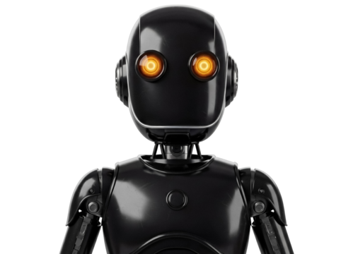 Black droid robot isolated PNG on transparent background, futuristic android with glowing orange eyes for science fiction concepts