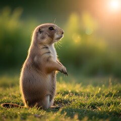 Fototapeta premium Prairie dog standing alert in golden light on a summer evening