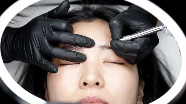 Closeup of aesthetician applying permanent makeup or microblading to a clients eyebrow under a ring light