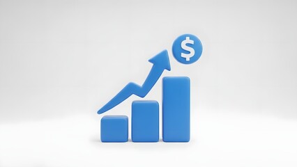 Vibrant Blue 3D Bar Chart with Upward Arrow and Dollar Sign Symbolizing Financial Growth.