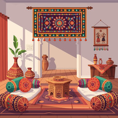 Vibrant ethnic interior with kilim wall hanging, traditional pillows and pottery