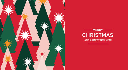 Christmas and New Year greeting card with stylized trees in red, green, and pink on patterned background, paired with bold white and gold &ldquo;MERRY CHRISTMAS AND A HAPPY NEW YEAR&rdquo; text on solid red&mdash;perfe