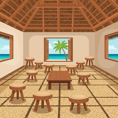 Tropical Island Hut Interior with Ocean View and Rustic Wooden Furniture