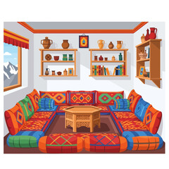 Vibrant Moroccan lounge interior with colorful cushions and scenic view