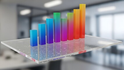 Vibrant Holographic Bar Chart Projecting Business Data on a Glass Interface in an Office.