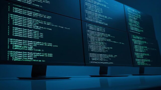 Multiple computer screens displaying software code against dark backdrop