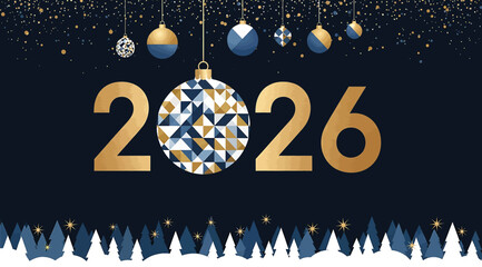 Elegant New Year 2026 design with gold numbers, ornament ball replacing &ldquo;0,&rdquo; hanging decorations, sparkling lights, and icy border on dark blue background&mdash;perfect for seasonal greetings and festive pr