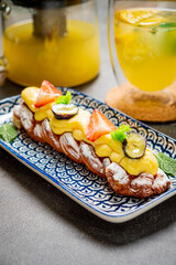 A delightful dessert of creamy custard and fresh fruit arranged to entice indulgence