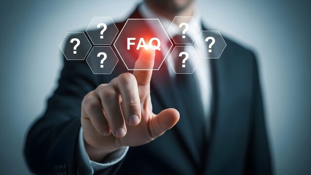 A businessman in a suit touches a digital interface displaying "FAQ" surrounded by question marks, symbolizing information access.
