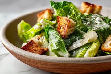 exquisite caesar salad in a clay dish in front of white marble background