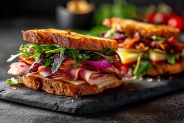 hearty sandwiches on a slate plate in front of painted brick background