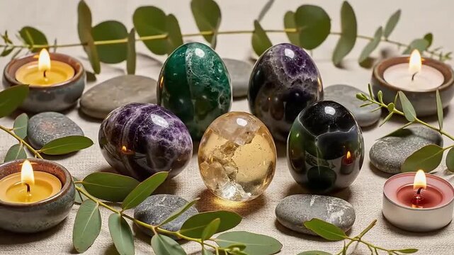Harmonizing yoni egg crystals arranged for a wellness ritual with candles and botanicals