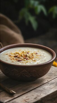 A bowl of white soup with nuts on top. The bowl is brown and has a design on it