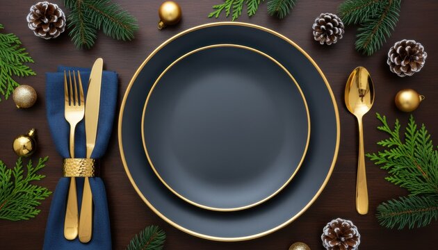 Elegant dark blue plates with gold rims and golden cutlery for a festive holiday dinner, beautifully arranged with pine cones and fir branches on a dark wooden table, top view