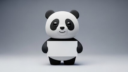 Naklejka premium A cute cartoon panda bear standing and holding a blank white sign in front of a neutral grey background ideal for text insertion