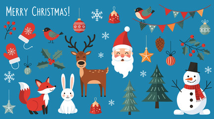 Collection of cute cartoon christmas and winter holiday elements including santa claus, reindeer, snowman, fox, rabbit, bird, tree, mitten, ornament, and festive decoration on a blue background
