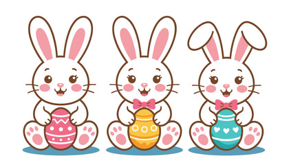 Three cute rabbits holding colorful Easter eggs in pastel colors  