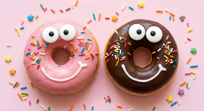 Two playful donuts featuring candy eyes and smiles—one pink, one chocolate—sitting on a pink background scattered with rainbow sprinkles - Powered by Adobe