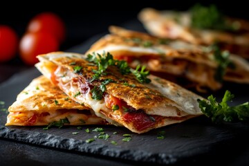 hearty quesadilla on a slate plate while standing against black slate background