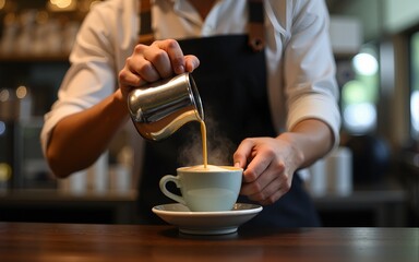 barista making coffee, steaming the milk. High quality