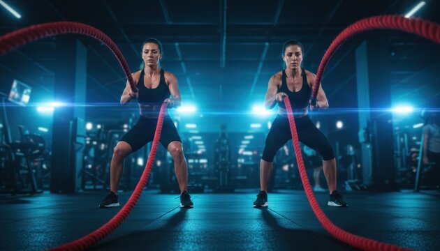 Two athletic muscular women exercising with red battle ropes in a powerful high-intensity interval training session inside a modern dark gym with dramatic blue cinematic lighting - Powered by Adobe