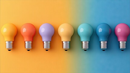 A row of seven colorful light bulbs arranged on a gradient background, transitioning from yellow to blue.