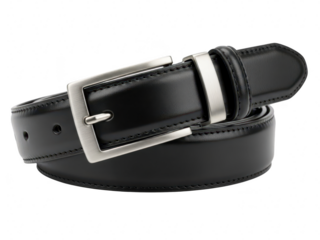 Classic black leather mens belt with a brushed silvertone metal buckle, elegantly coiled and isolated on transparent background, perfect for formal or business attire accessory isolated on transparent