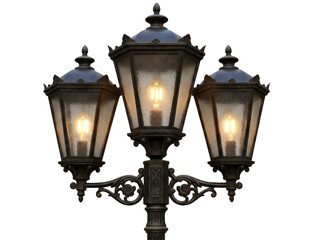 Ornate three-headed street lamp PNG isolated on transparent background, vintage outdoor lighting fixture for parks and gardens