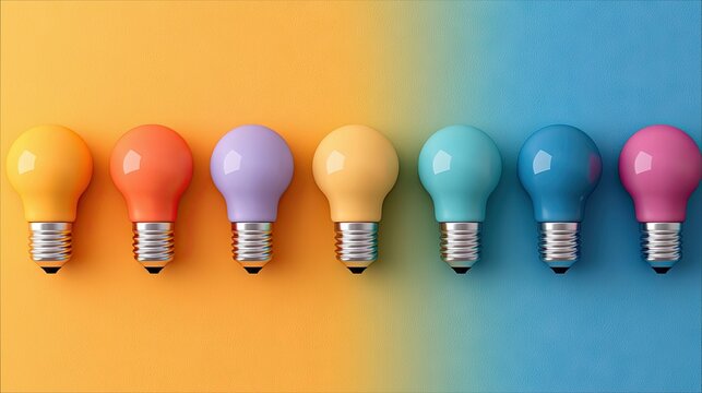 A row of seven colorful light bulbs arranged on a gradient background, transitioning from yellow to blue. - Powered by Adobe