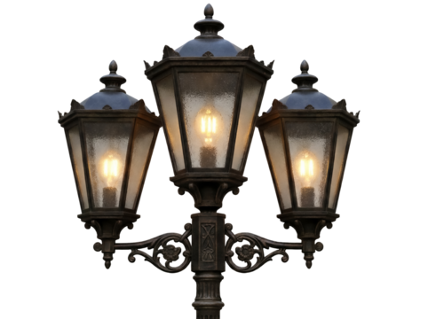 Ornate three-headed street lamp PNG isolated on transparent background, vintage outdoor lighting fixture for parks and gardens