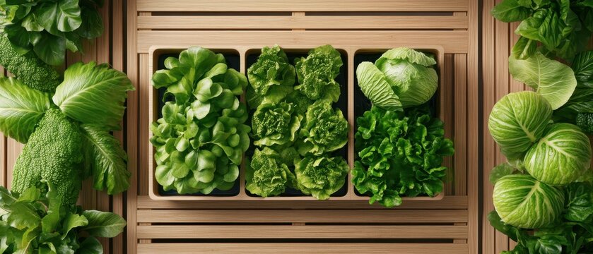Assortment of fresh leafy green vegetables arranged in wooden containers with natural light. - Powered by Adobe