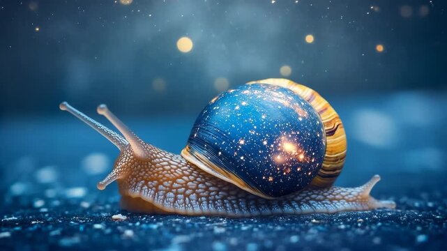 Snail with a shell resembling a starry night sky crawling on a rock surface