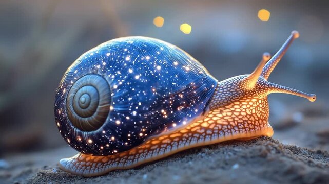 Snail with a shell resembling a starry night sky crawling on a rock surface