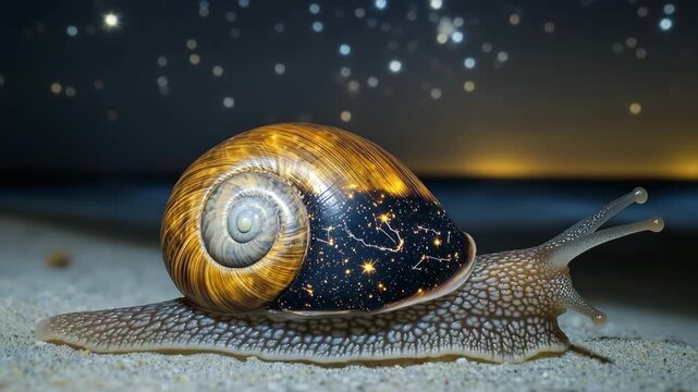 Snail with a shell resembling a starry night sky crawling on a rock surface