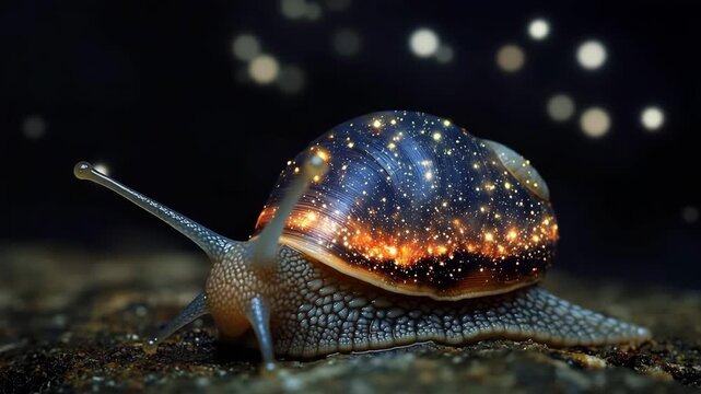 Snail with a shell resembling a starry night sky crawling on a rock surface