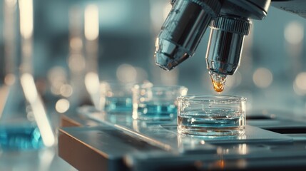 Close-up of microscope analyzing liquid in petri dish research setting