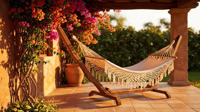 Hammock on patio with colorful flowers, relaxation in garden setting.