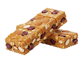 Delicious granola bars with caramel and cranberries isolated PNG, healthy snack with nuts and oats on transparent background