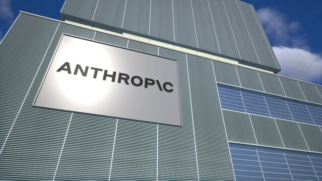 Anthropic AI research building sign, illustrative editorial 3d rendering