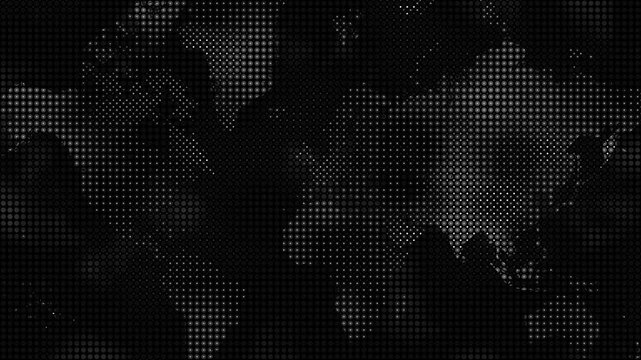 Loopable black and white world map featuring a grid and fractal patterns, ideal for overlays and modern digital designs