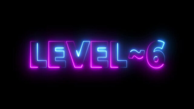 Neon Level 6 Text Animation Glowing Blue and Pink Lights Dark Background Game Progress