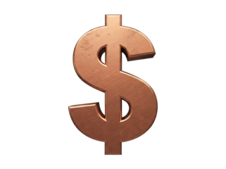 Copper dollar sign isolated PNG on transparent background, currency symbol for finance and investment concepts