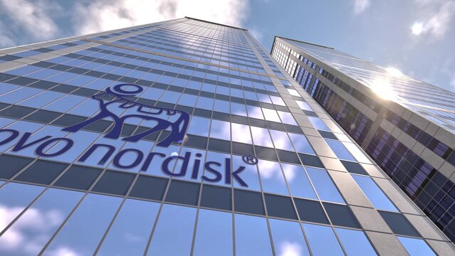 Novo Nordisk symbol and lettering on a mirrored skyscraper front, an illustrative editorial 3d rendering